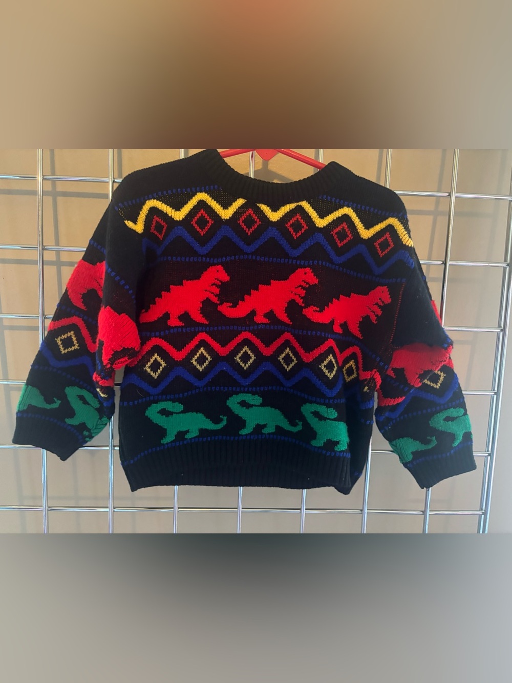 Vintage Dinosaur Acrylic Sweater 3T Warm T-Rex Brontosaurus Geometric 1980’s